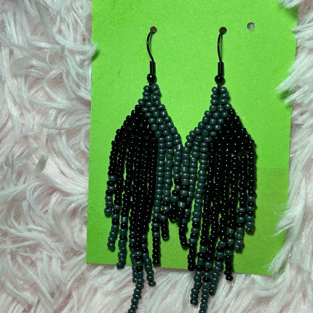 Black & Gray Ombre Beaded Fringe Statement Earrings